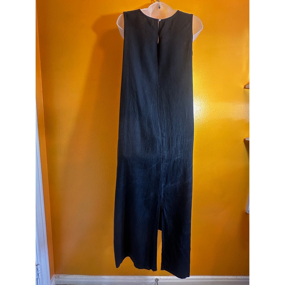 Black Linen Blend Vintage Daisy Embroidered Sleeveless Maxi Dress Size 12 - Picture 2 of 7